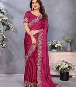 pink floral embroidered satin saree
