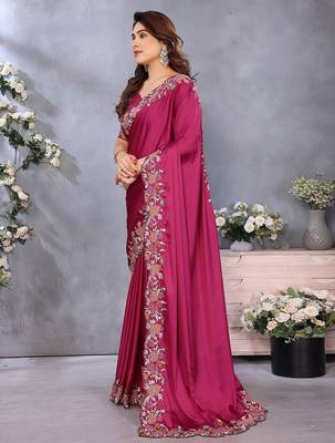 pink floral embroidered satin saree 2