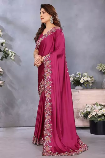 pink floral embroidered satin saree