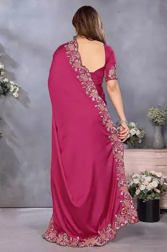 pink floral embroidered satin saree