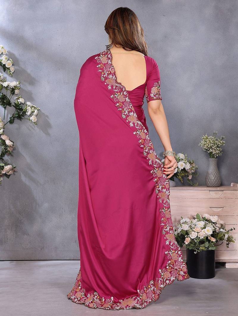 pink floral embroidered satin saree