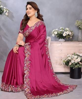 pink floral embroidered satin saree 4