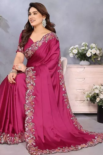 pink floral embroidered satin saree