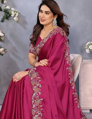 pink floral embroidered satin saree 5