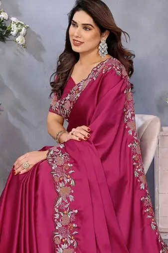 pink floral embroidered satin saree
