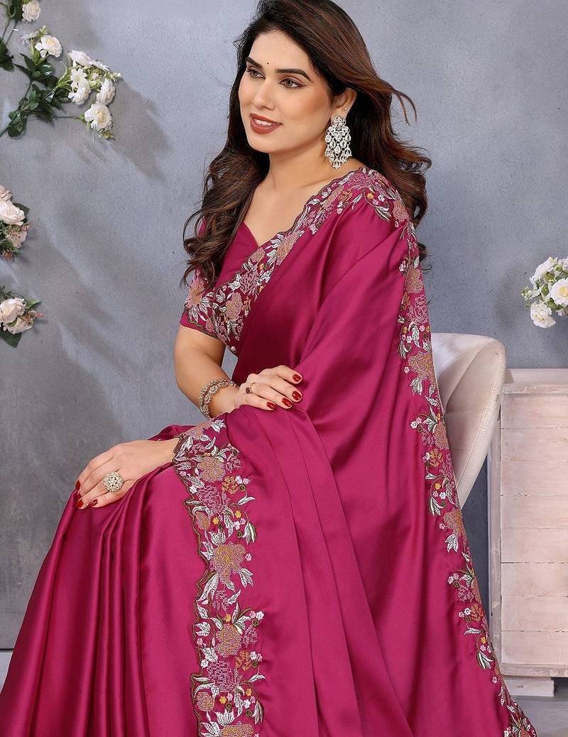 pink floral embroidered satin saree