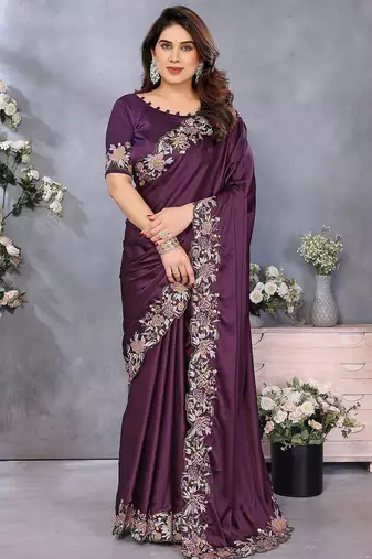purple embroidered satin saree
