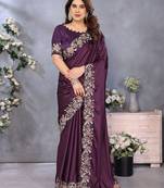 purple embroidered satin saree