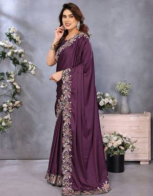 purple embroidered satin saree 2