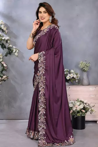purple embroidered satin saree