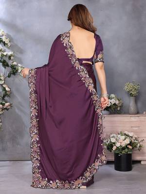 purple embroidered satin saree 3
