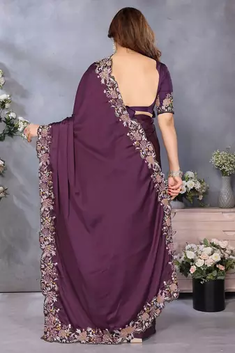 purple embroidered satin saree