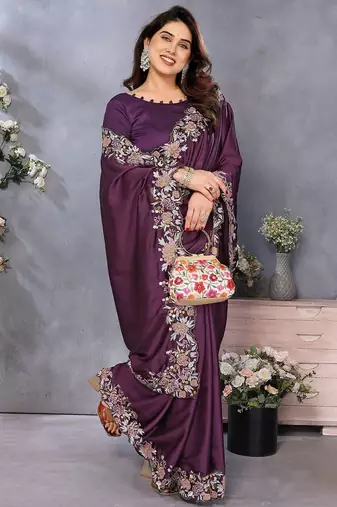 purple embroidered satin saree