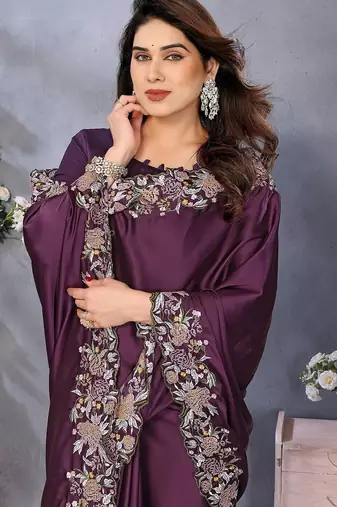 purple embroidered satin saree