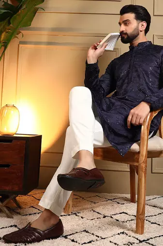 Off white royal silk embroidery sequence work premium designer only kurta