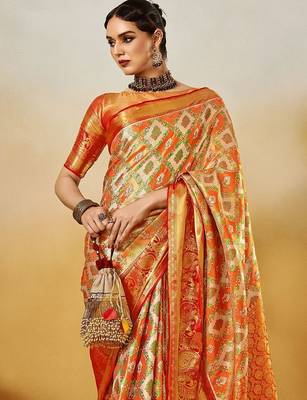 Orange women ethnic motifs printed zari kanjeevaram saree 1