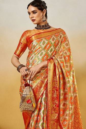 Orange women ethnic motifs printed zari kanjeevaram saree