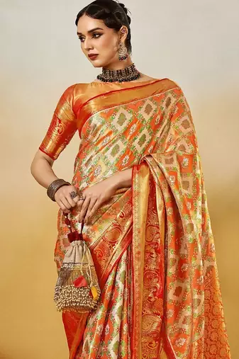 Orange women ethnic motifs printed zari kanjeevaram saree