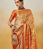 Orange women ethnic motifs printed zari kanjeevaram saree
