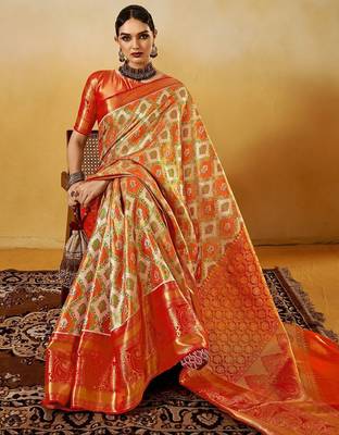 Orange women ethnic motifs printed zari kanjeevaram saree 3
