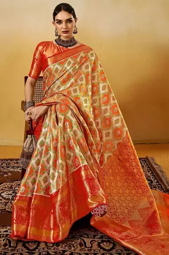 Orange women ethnic motifs printed zari kanjeevaram saree