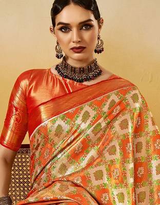 Orange women ethnic motifs printed zari kanjeevaram saree 4