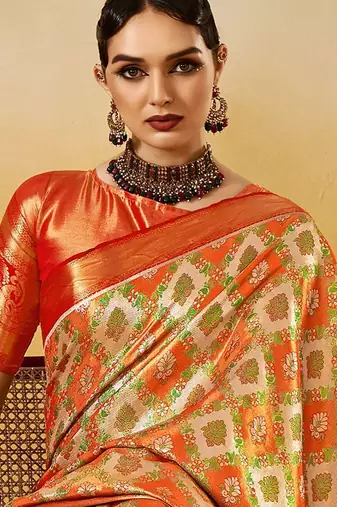 Orange women ethnic motifs printed zari kanjeevaram saree
