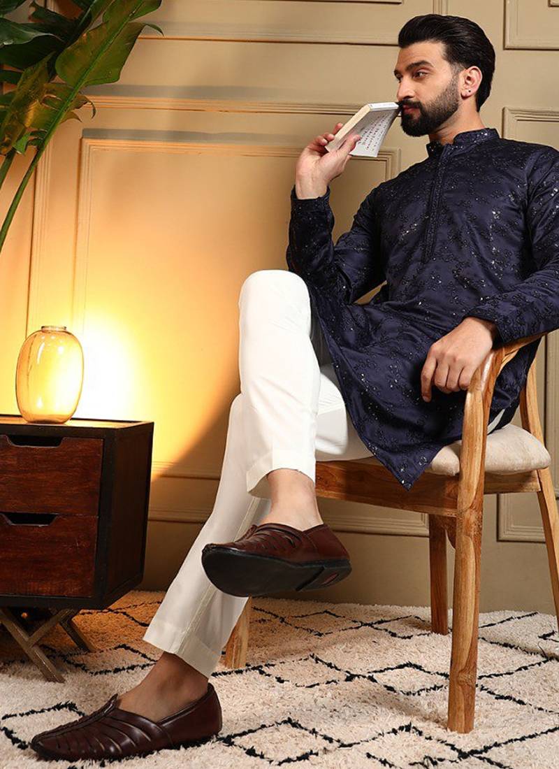 Off white royal silk embroidery sequence work premium designer kurta pajama