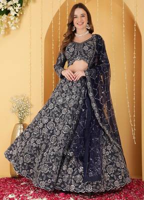 Navy Blue Double Net Hand Embroidered Lehenga Set 1