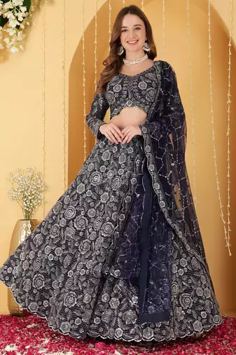 Navy Blue Double Net Hand Embroidered Lehenga Set