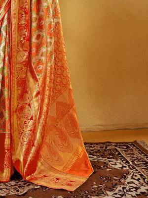 Orange women ethnic motifs printed zari kanjeevaram saree 5