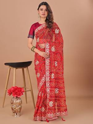 red bandhani embroidered gotta patti bandhani saree 1
