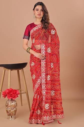 red bandhani embroidered gotta patti bandhani saree