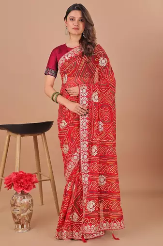 red bandhani embroidered gotta patti bandhani saree