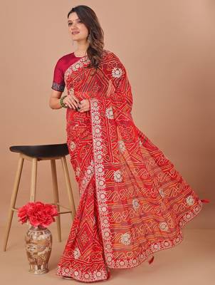 red bandhani embroidered gotta patti bandhani saree 2