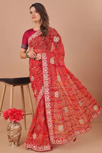 red bandhani embroidered gotta patti bandhani saree