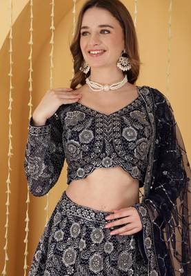 Navy Blue Double Net Hand Embroidered Lehenga Set 2