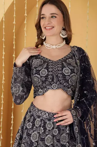 Navy Blue Double Net Hand Embroidered Lehenga Set