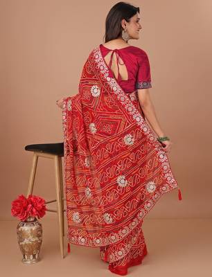 red bandhani embroidered gotta patti bandhani saree 3