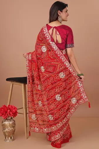 red bandhani embroidered gotta patti bandhani saree