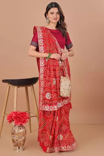 red bandhani embroidered gotta patti bandhani saree