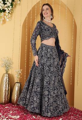 Navy Blue Double Net Hand Embroidered Lehenga Set 3
