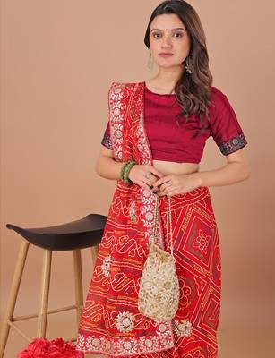 red bandhani embroidered gotta patti bandhani saree 5