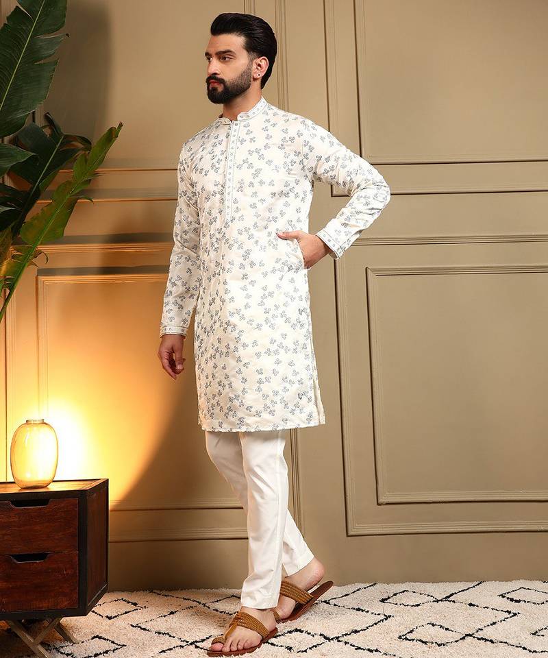 Beige star silk embroidery sequence work premium designer only kurta