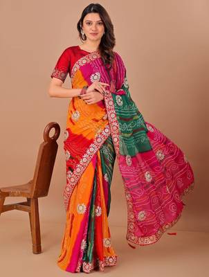 green gotta patti bandhani saree 1