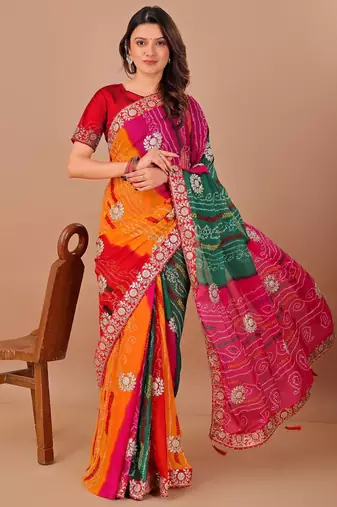 green gotta patti bandhani saree