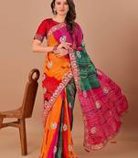 green gotta patti bandhani saree