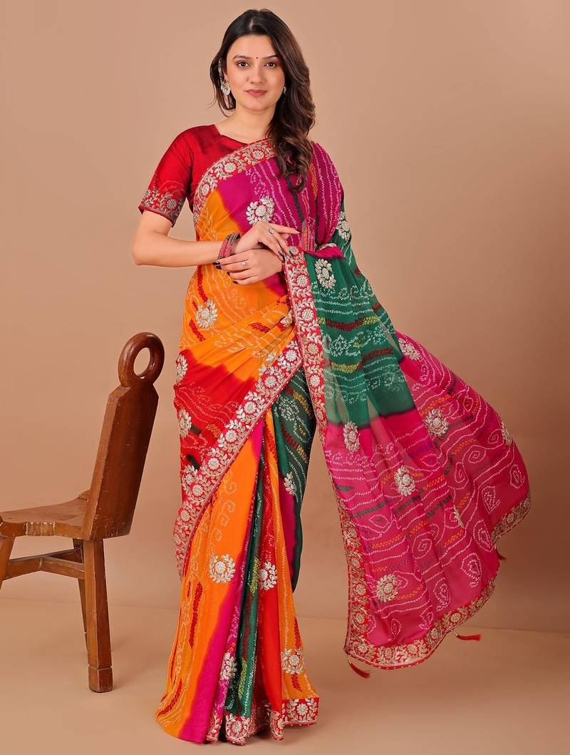 green gotta patti bandhani saree