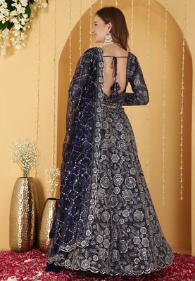 Navy Blue Double Net Hand Embroidered Lehenga Set 4