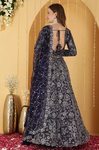Navy Blue Double Net Hand Embroidered Lehenga Set